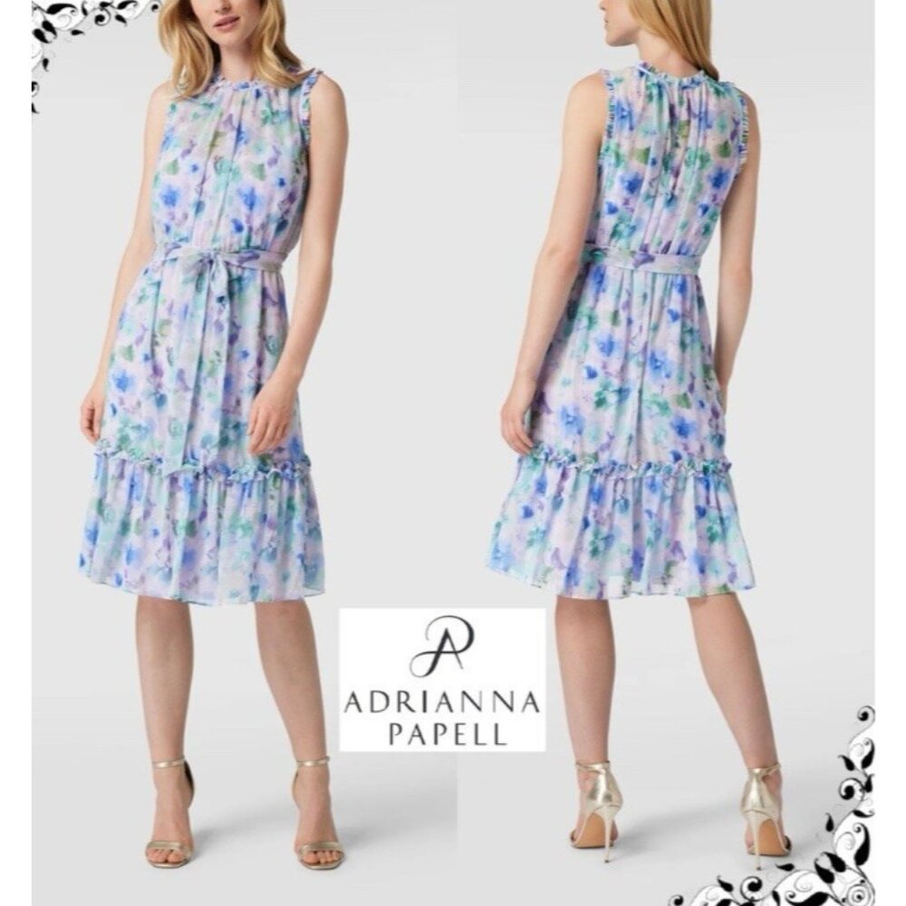 Adrianna Papell Dress 6 Watercolor Blue Lilac Party Wedding Cruise $179